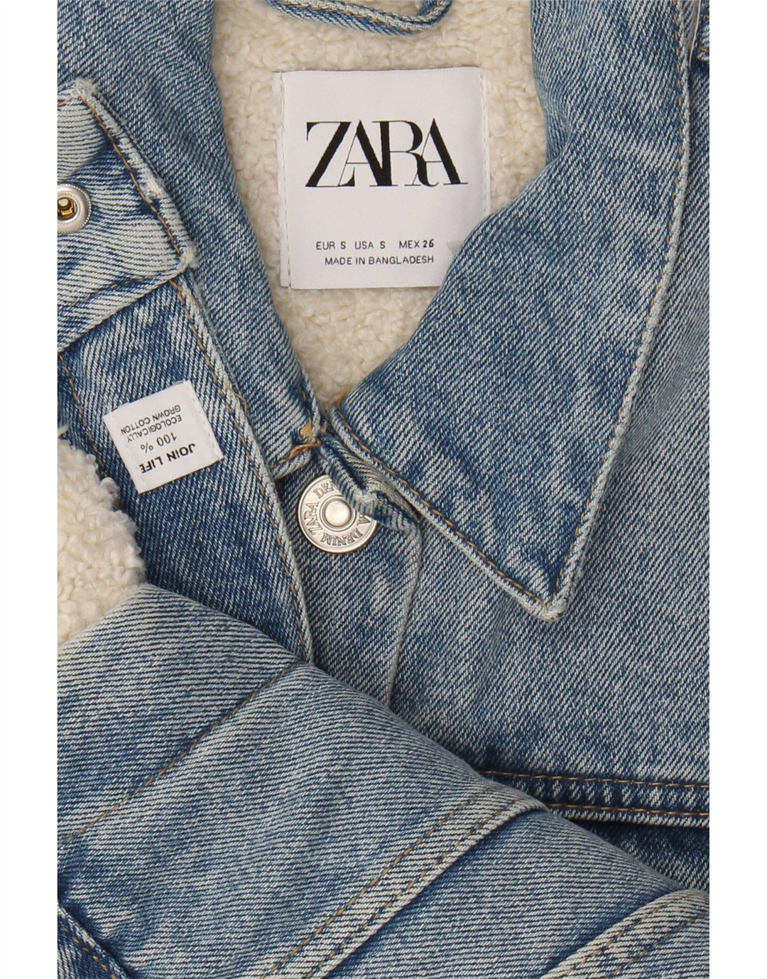 ZARA Womens Denim Crop Sherpa Jacket UK 10 Small Blue Cotton