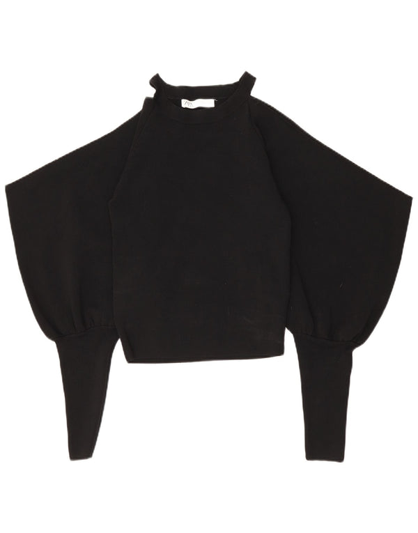 Zara Womens Long Sleeve Off Shoulder Top UK 14 Large Black Nylon