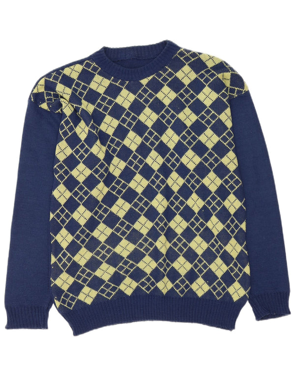 Vintage Mens Boat Neck Jumper Sweater Medium Navy Blue Argyle/Diamond