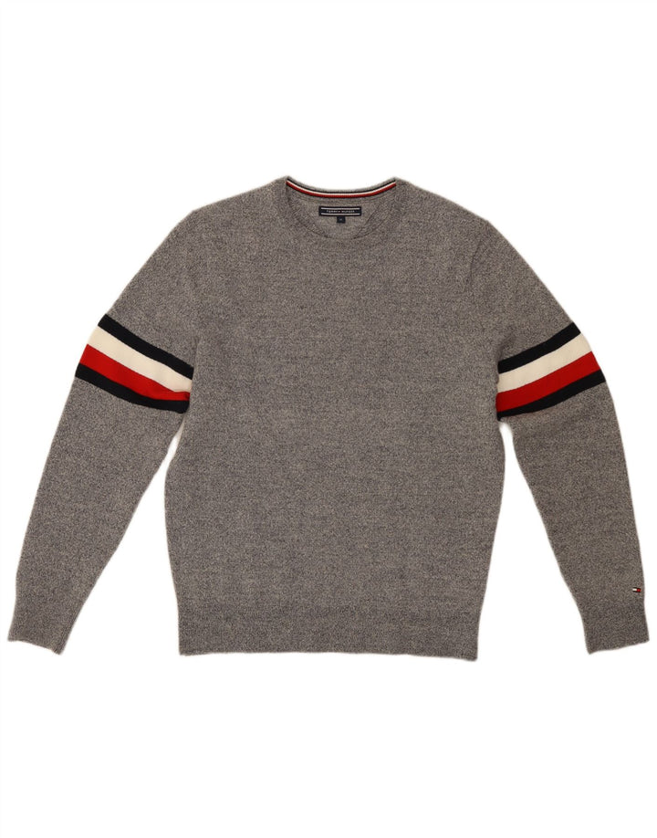 TOMMY HILFIGER Mens Crew Neck Jumper Sweater Medium Grey Colourblock Wool