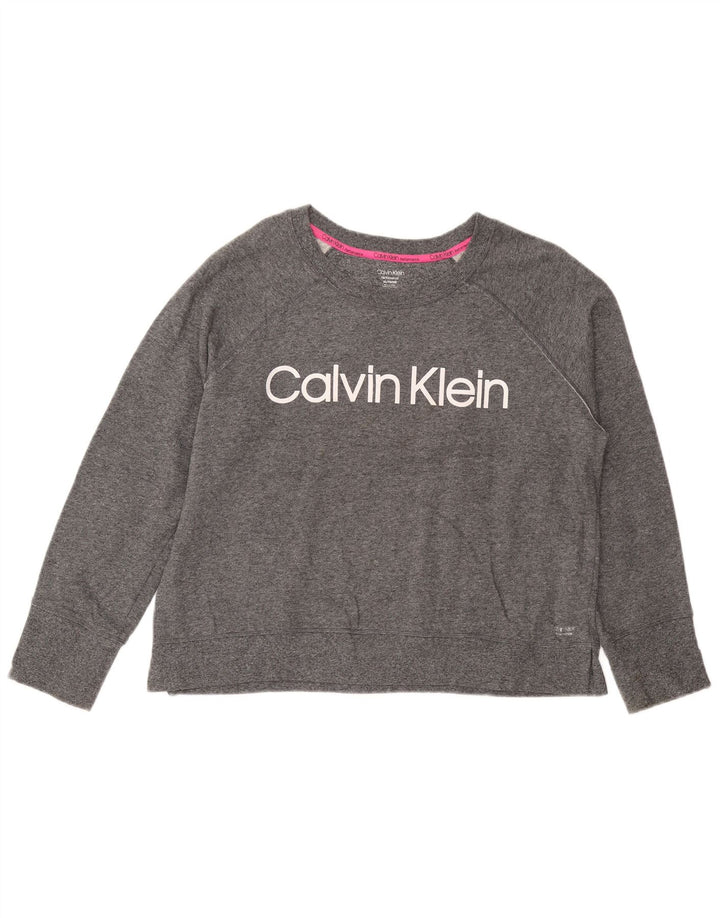 CALVIN KLEIN Womens Crop Graphic Sweatshirt Jumper UK 18 XL Grey Flecked