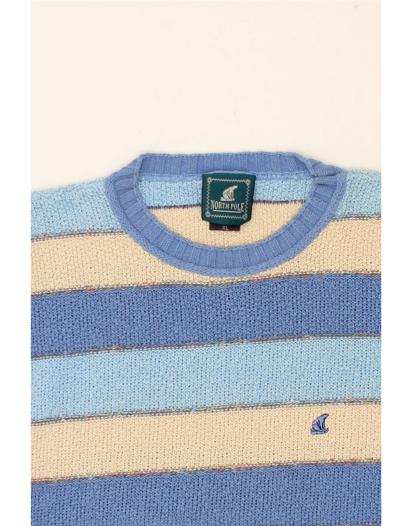 NORTH POLE Mens Crew Neck Jumper Sweater XL Blue Striped Cotton | Vintage North Pole | Thrift | Second-Hand North Pole | Used Clothing | Messina Hembry 