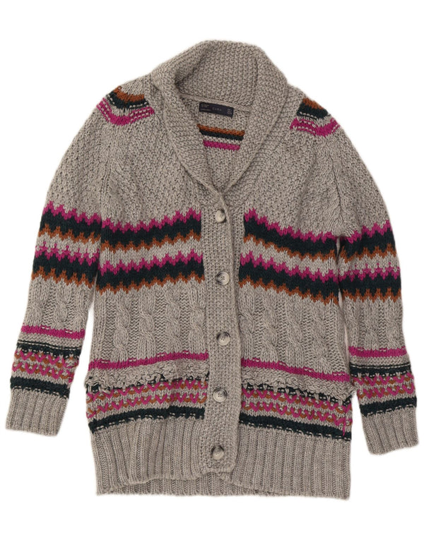 Zara Womens Longline Cardigan Sweater UK 16 Large Grey Striped Acrylic
