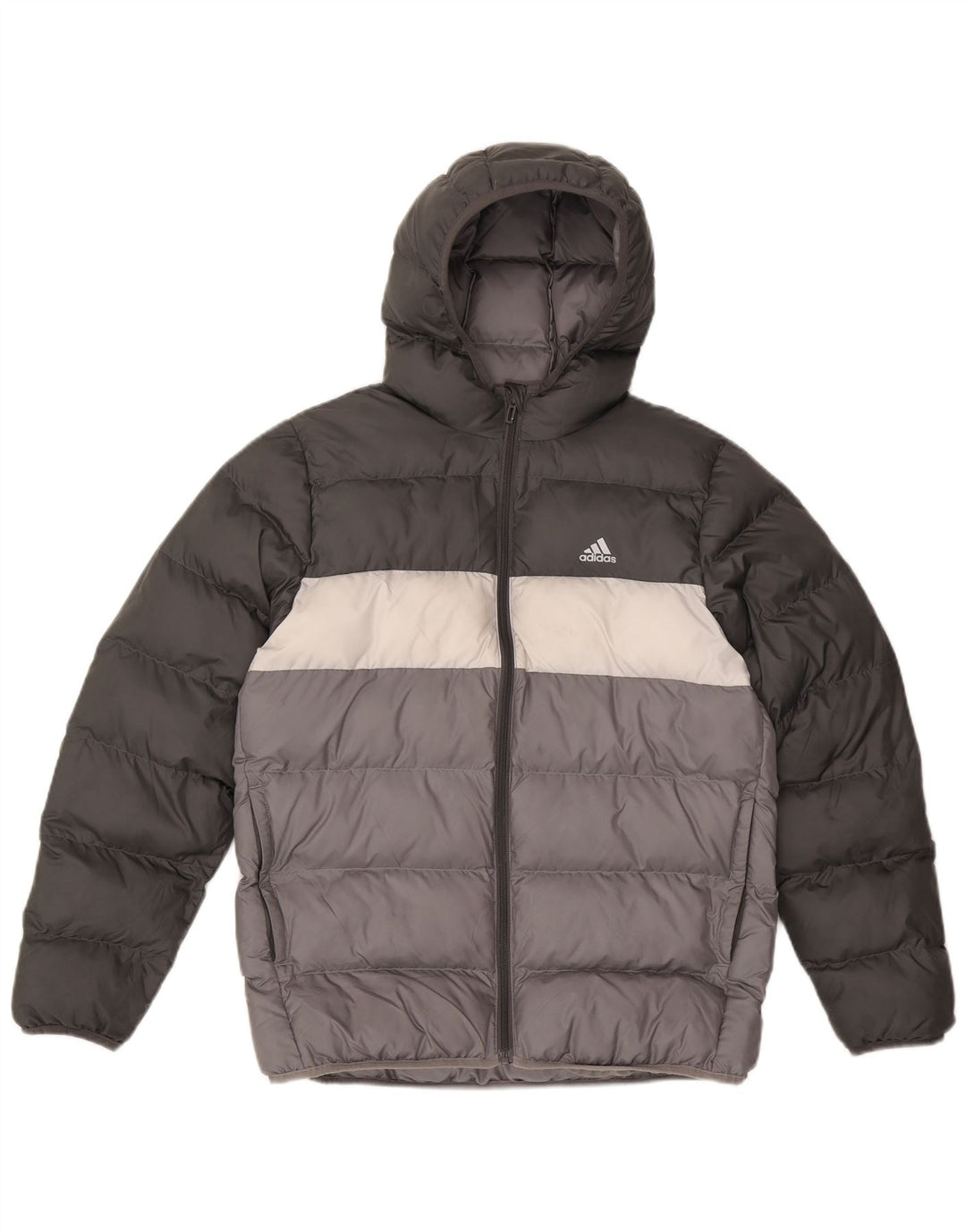 Adidas Boys Hooded Padded Jacket 13-14 Years Grey Colourblock Polyester