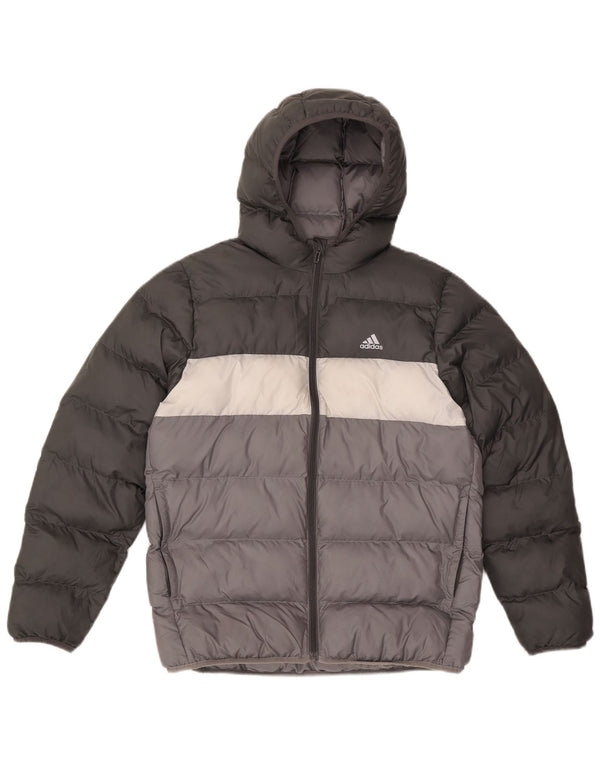 Adidas Boys Hooded Padded Jacket 13-14 Years Grey Colourblock Polyester