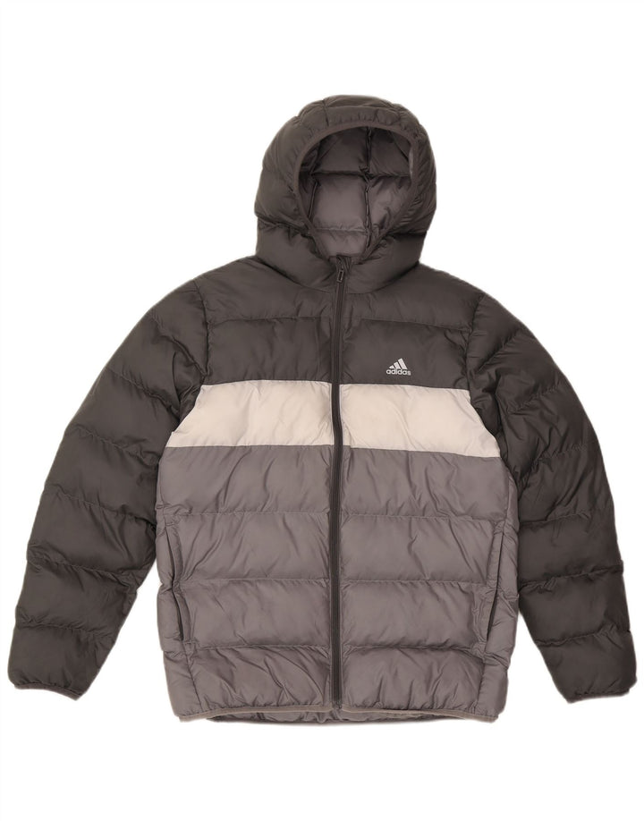 Adidas Boys Hooded Padded Jacket 13-14 Years Grey Colourblock Polyester