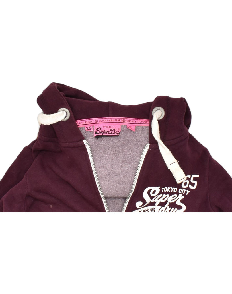 SUPERDRY Womens Graphic Zip Hoodie Sweater UK 6 XS Burgundy Cotton | Vintage | Thrift | Second-Hand | Used Clothing | Messina Hembry 