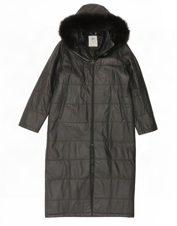Vintage Womens Hooded Padded Leather Coat UK 14 Large Black