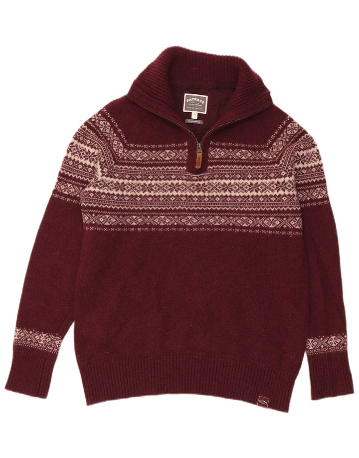 Fat Face Mens Zip Neck Jumper Sweater Medium Burgundy Fair Isle Wool