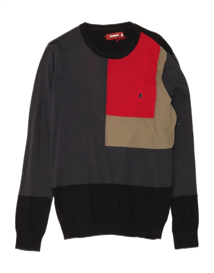 Desigual Mens Crew Neck Jumper Sweater Medium Black Colourblock Cotton