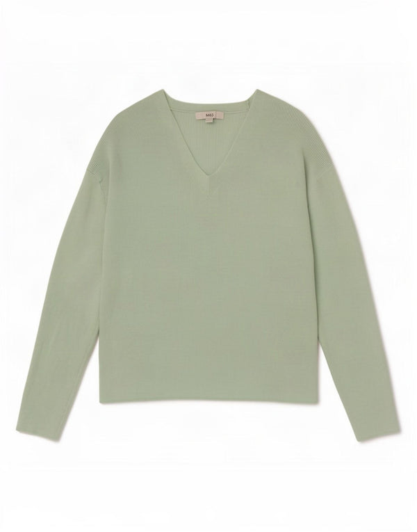 Marks & Spencer Womens V-Neck Jumper Sweater UK 14 Medium Green Viscose