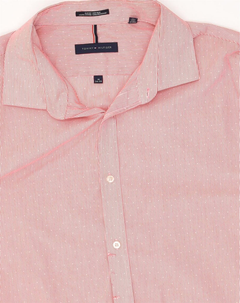 TOMMY HILFIGER Mens NON - IRON Slim Fit Shirt Size 18 2XL Pink Pinstripe | Vintage Tommy Hilfiger | Thrift | Second-Hand Tommy Hilfiger | Used Clothing | Messina Hembry 