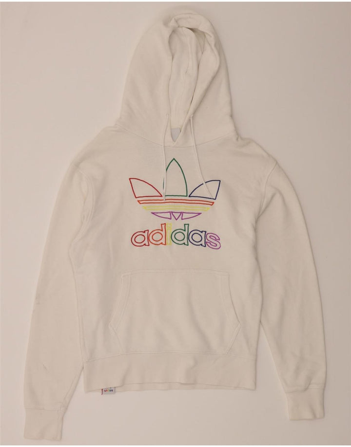 ADIDAS Mens Graphic Hoodie Jumper Small White Cotton Vintage Adidas and Second-Hand Adidas from Messina Hembry 