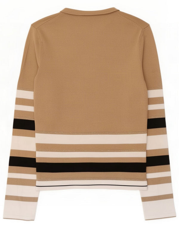 Guess Womens Graphic Top Long Sleeve UK 12 Medium Beige Striped Viscose