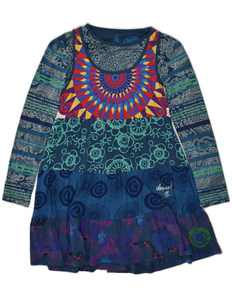 DESIGUAL Girls Long Sleeve A-Line Dress 9-10 Years Blue Patchwork Cotton | Vintage Desigual | Thrift | Second-Hand Desigual | Used Clothing | Messina Hembry 