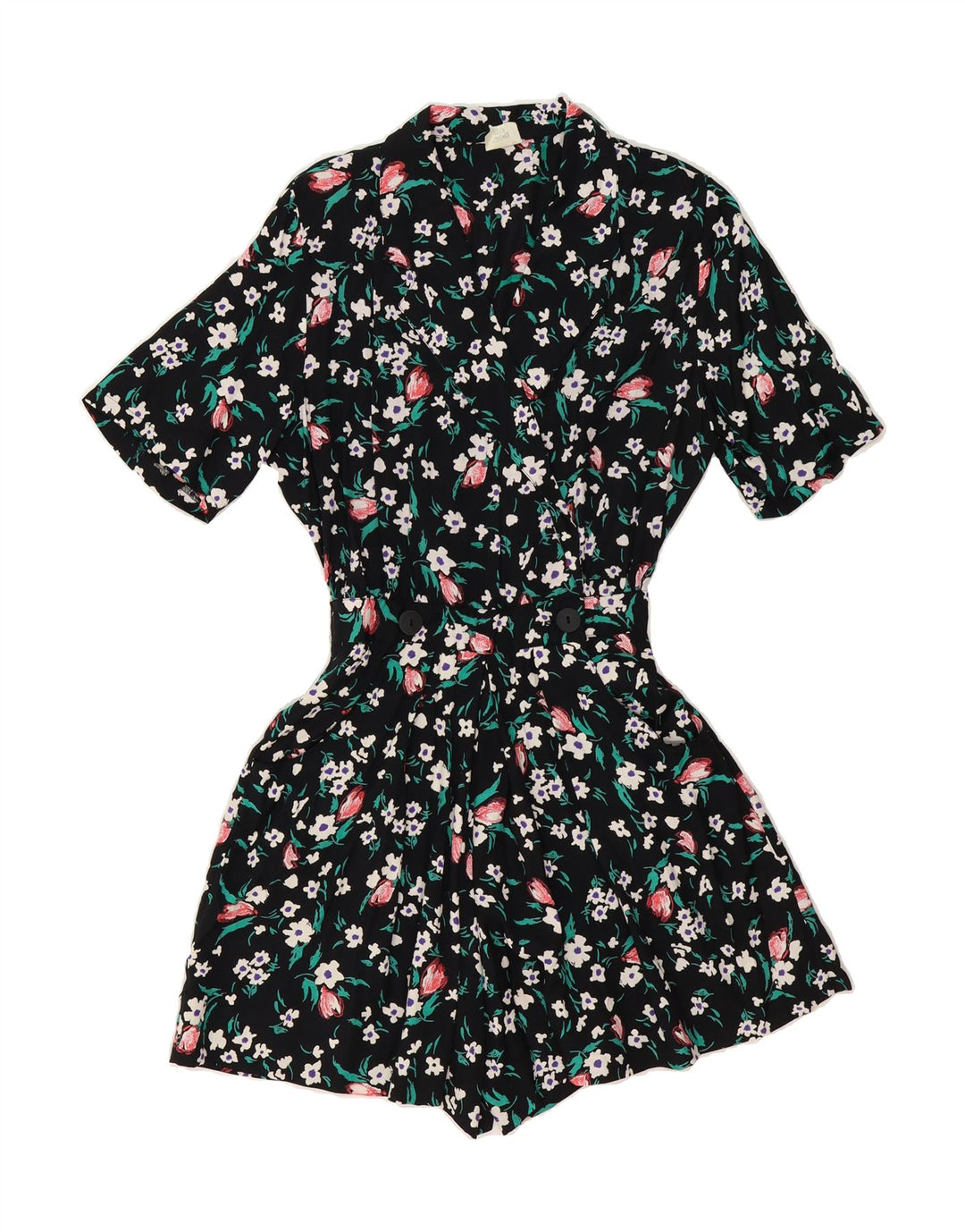 VINTAGE Womens Short Sleeve Playsuit IT 42 Medium  Black Floral Viscose Vintage Vintage and Second-Hand Vintage from Messina Hembry 