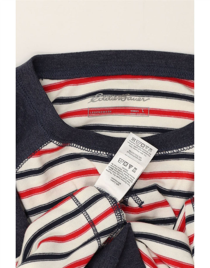 Eddie Bauer Womens Sweatshirt Jumper UK 16 Large Navy Blue Striped Cotton