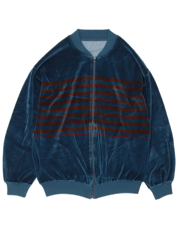 Vintage Mens Velour Tracksuit Top Jacket Medium Navy Blue Striped