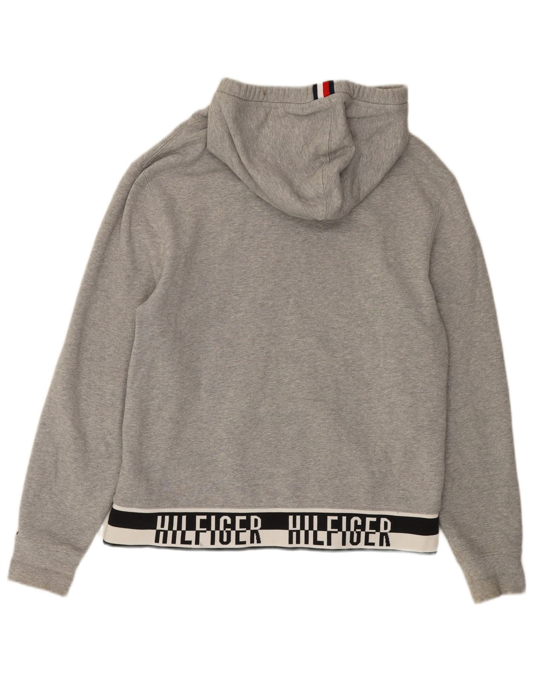 TOMMY HILFIGER Mens Graphic Hoodie Jumper Medium Grey Colourblock Cotton