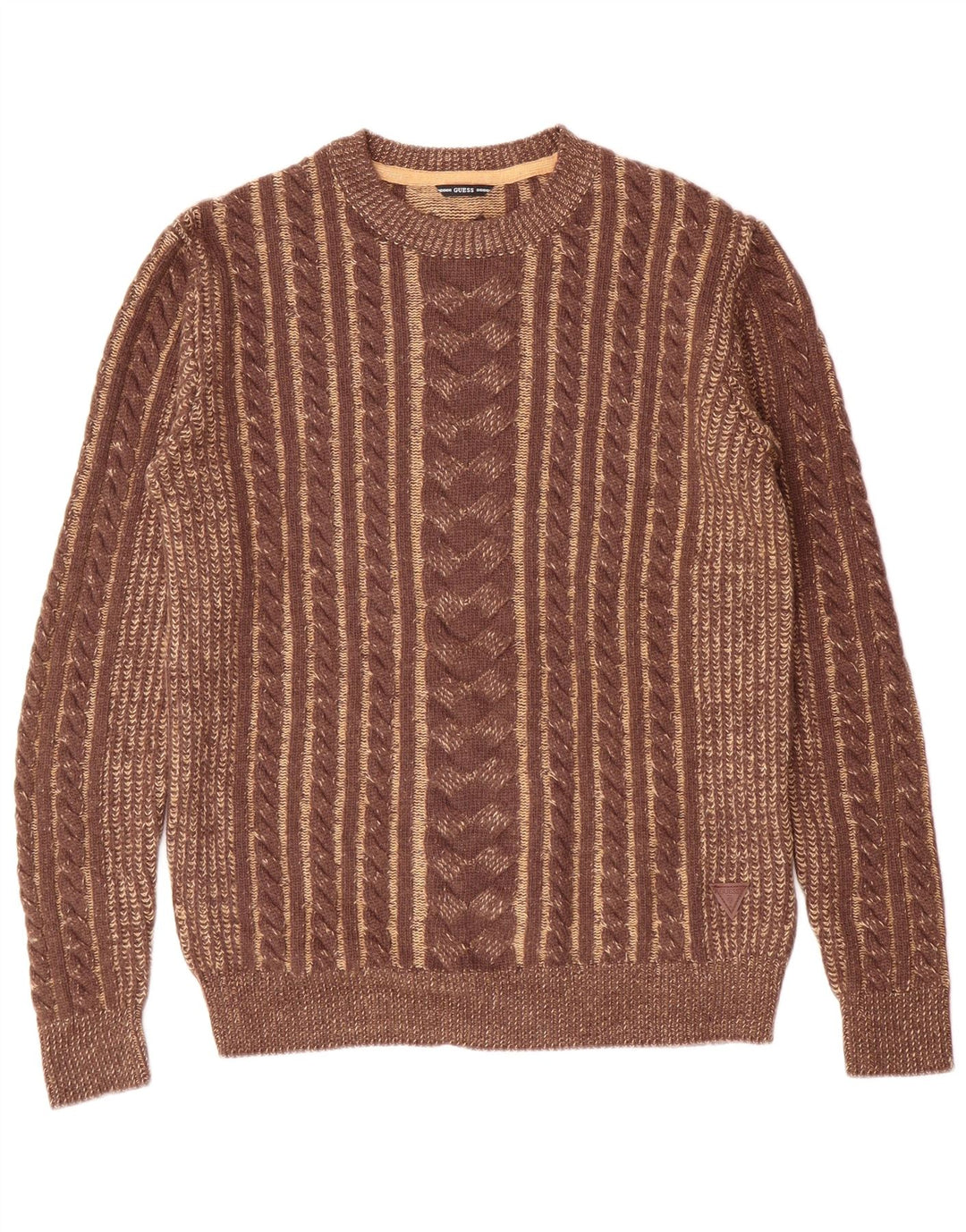 GUESS Mens Crew Neck Jumper Sweater Small Brown Polyamide