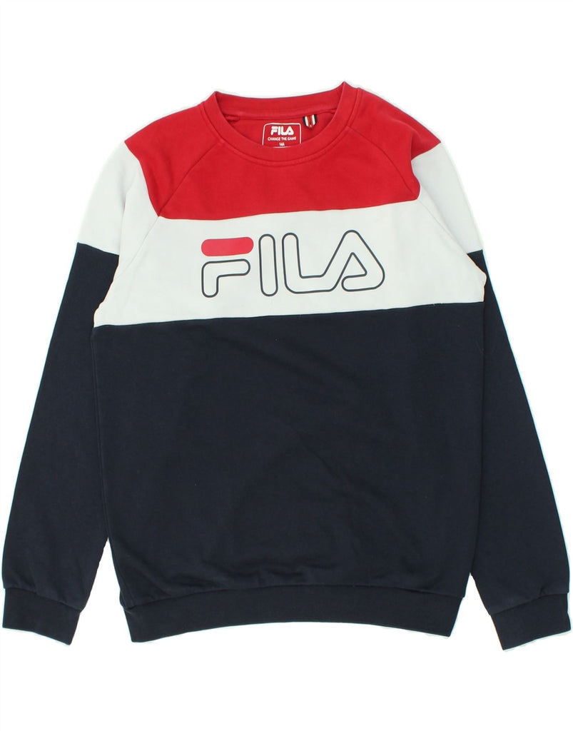 FILA Boys Graphic Sweatshirt Jumper 13-14 Years Navy Blue Colourblock | Vintage Fila | Thrift | Second-Hand Fila | Used Clothing | Messina Hembry 