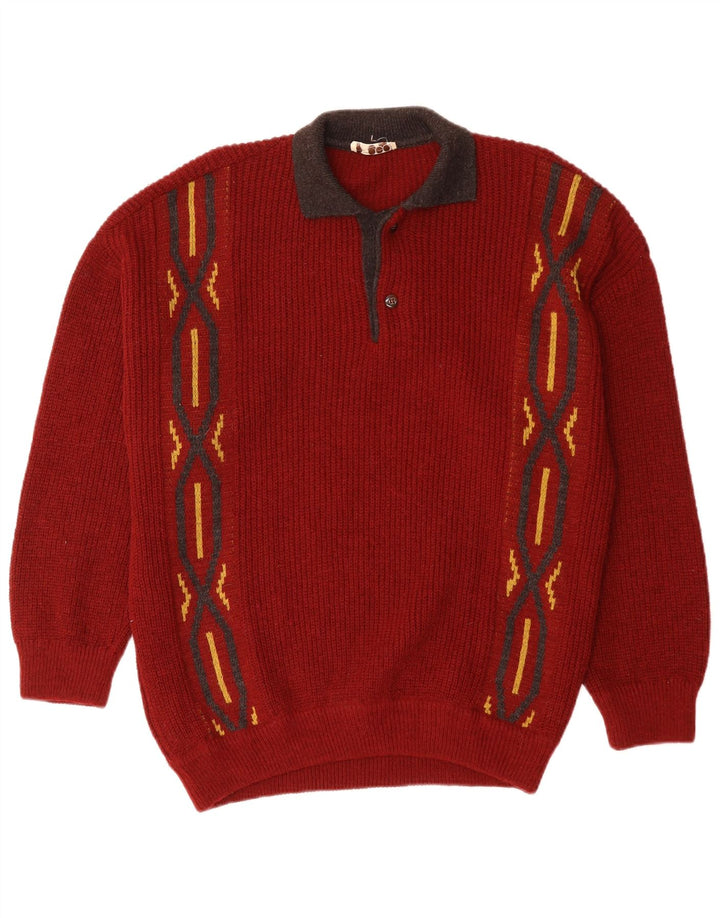 VINTAGE Mens Polo Neck Jumper Sweater Large Red Geometric