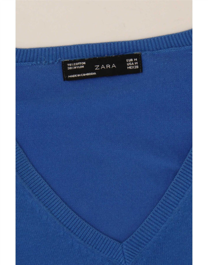 Zara Womens V-Neck Jumper Sweater UK 12 Medium Blue Cotton
