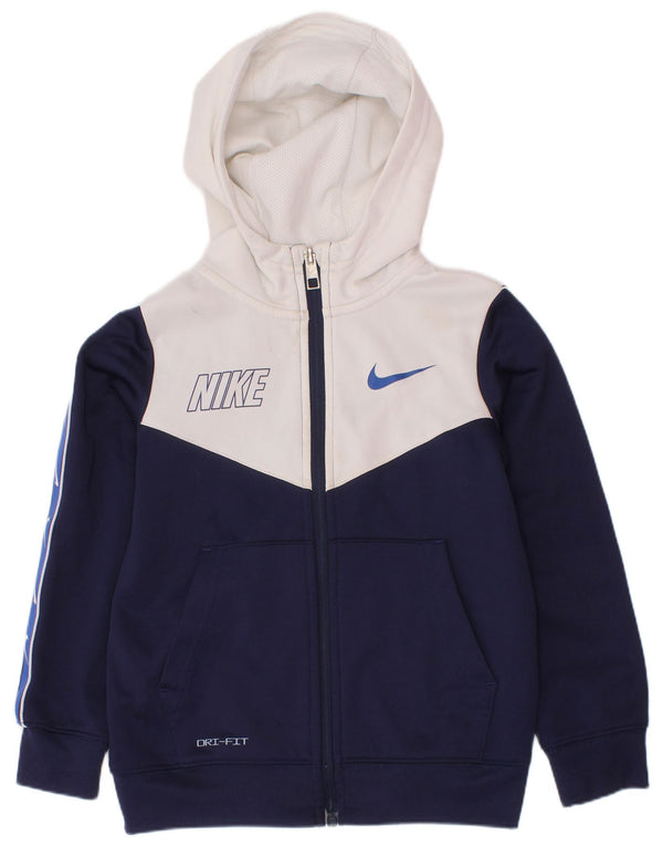 Nike Boys Dri Fit Zip Hoodie Sweater 4-5 Years Small Navy Blue Colourblock