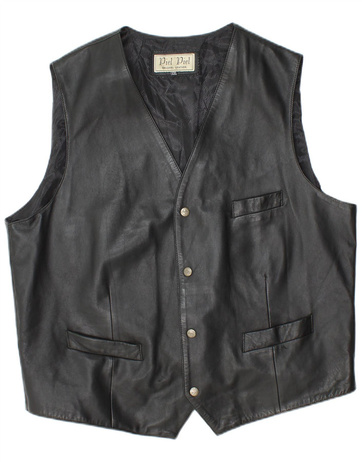 Vintage Mens Leather Waistcoat 2XL Black Leather