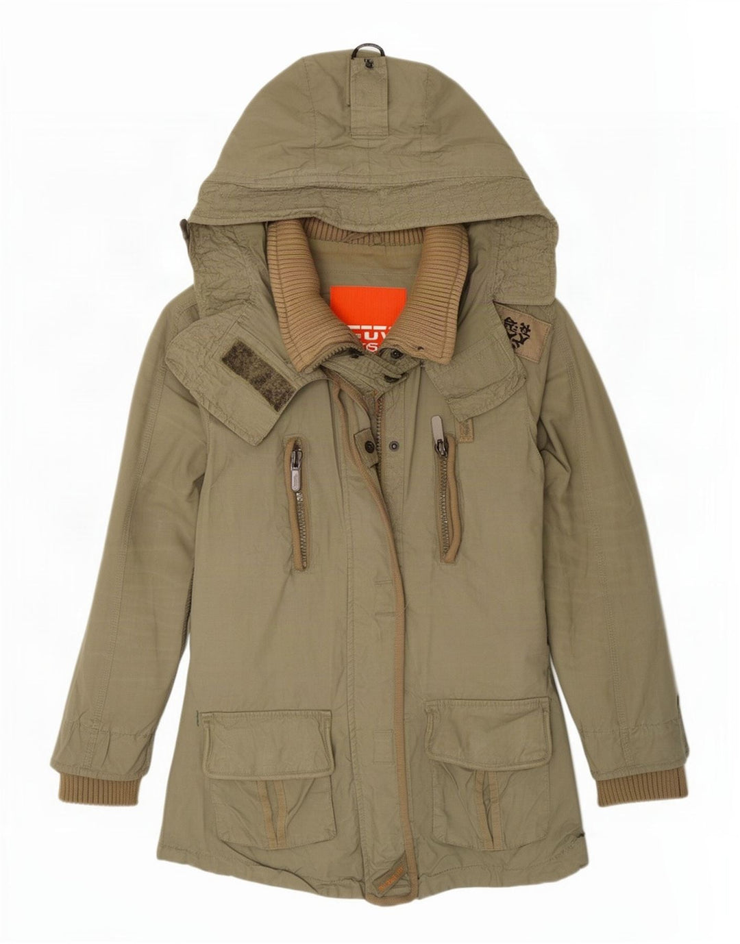 Superdry Womens Hooded Parka Jacket UK 12 Medium Khaki Cotton