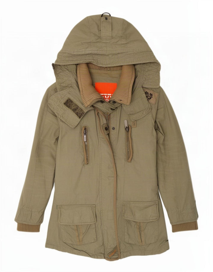 Superdry Womens Hooded Parka Jacket UK 12 Medium Khaki Cotton
