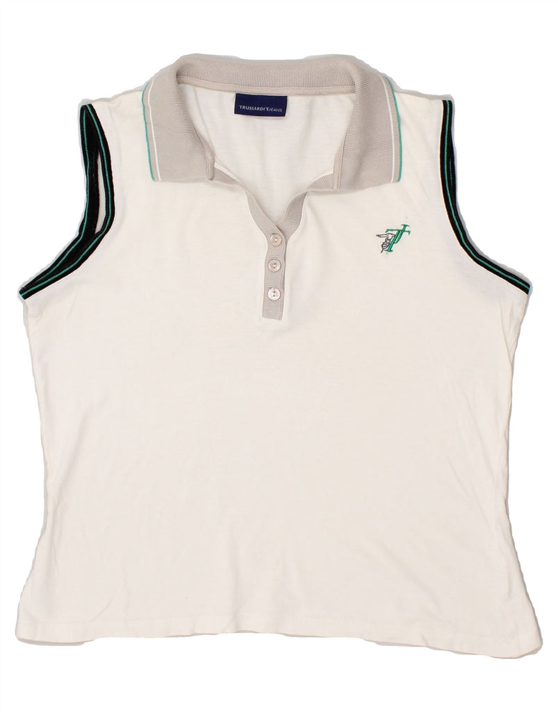 TRUSSARDI Womens Sleeveless Polo Shirt UK 16 Large White Cotton | Vintage Trussardi | Thrift | Second-Hand Trussardi | Used Clothing | Messina Hembry 