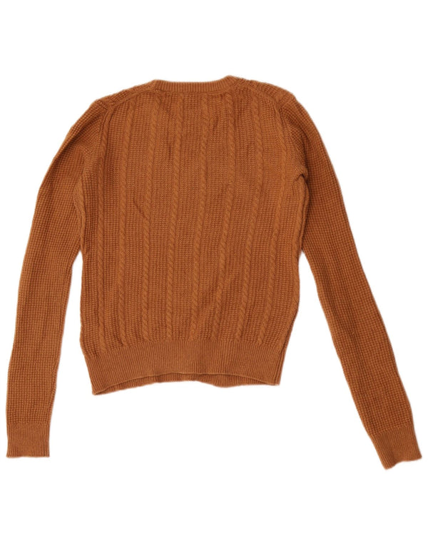 Jack Wills Womens Crop Crew Neck Jumper Sweater UK 8 Small Brown Wool