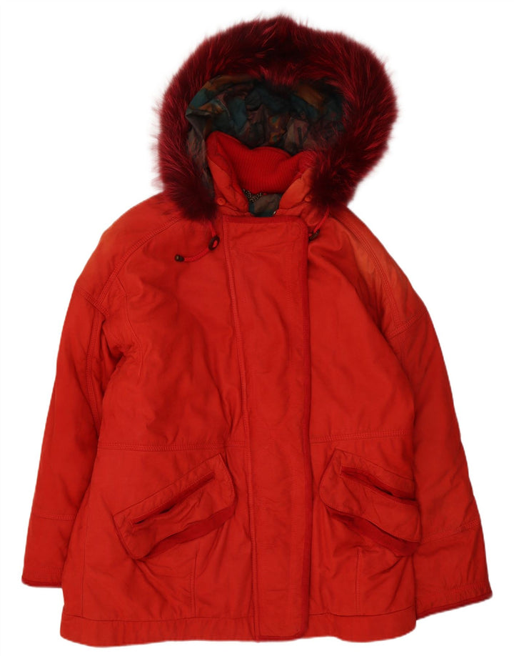 VINTAGE Womens Oversized Hooded Leather Jacket IT 44 Medium Red Leather