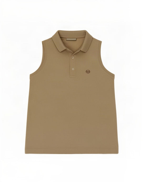 Sergio Tacchini Womens Sleeveless Polo Shirt UK 12 Medium Beige Cotton