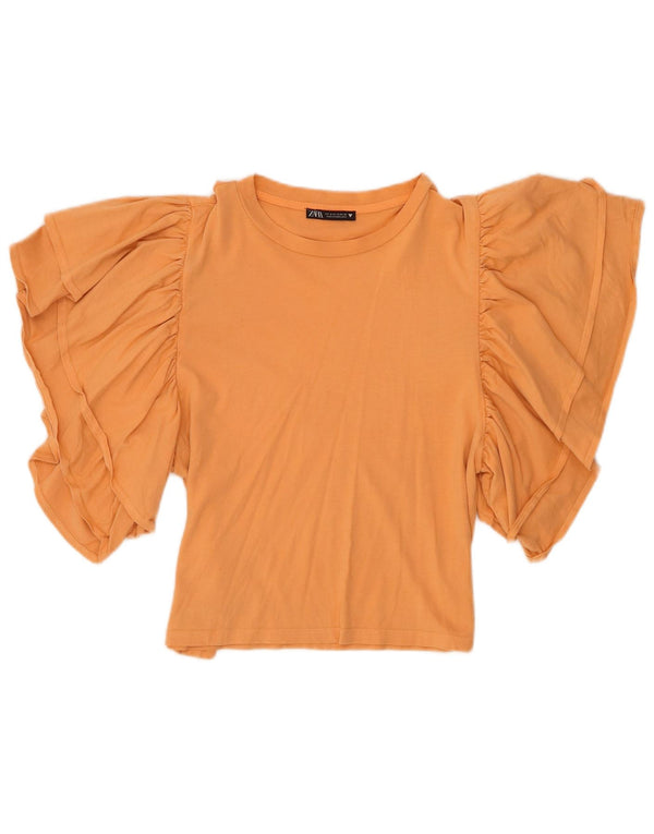 Zara Womens Crop Batwing Blouse Top UK 10 Small Orange Cotton