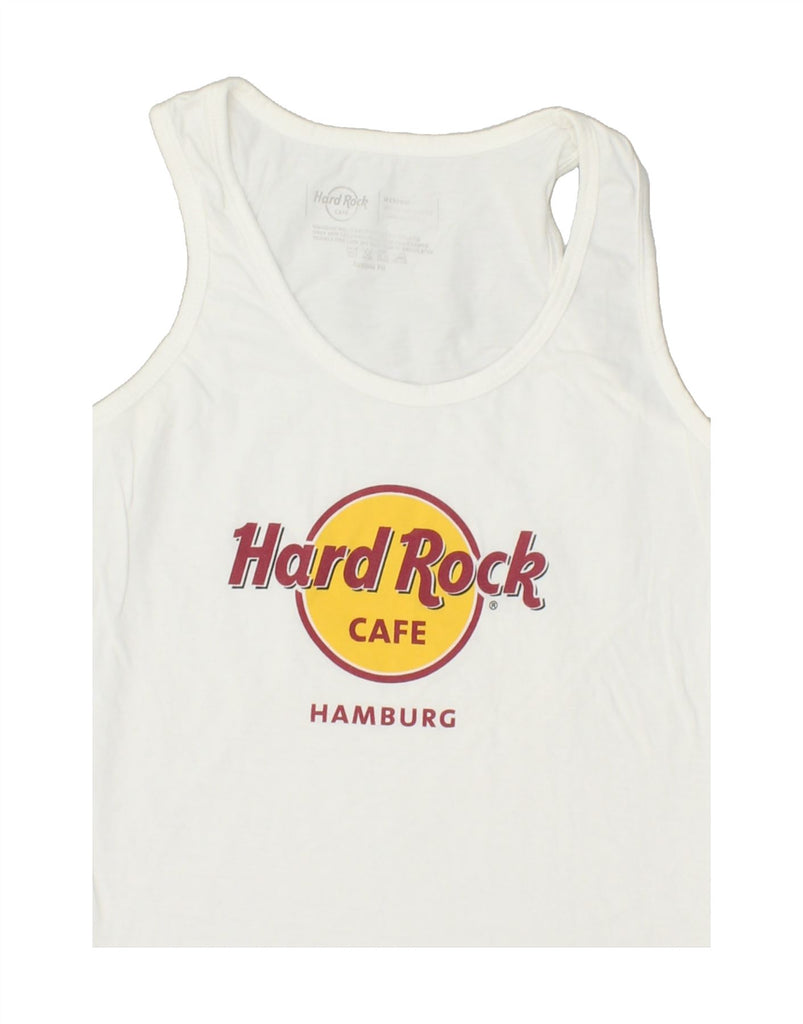 HARD ROCK CAFE Womens Hamburg Graphic Vest Top UK 14 Medium White Cotton | Vintage Hard Rock Cafe | Thrift | Second-Hand Hard Rock Cafe | Used Clothing | Messina Hembry 