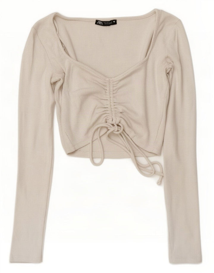 Zara Womens Front Tie Crop Top Long Sleeve UK 10 Small White Cotton