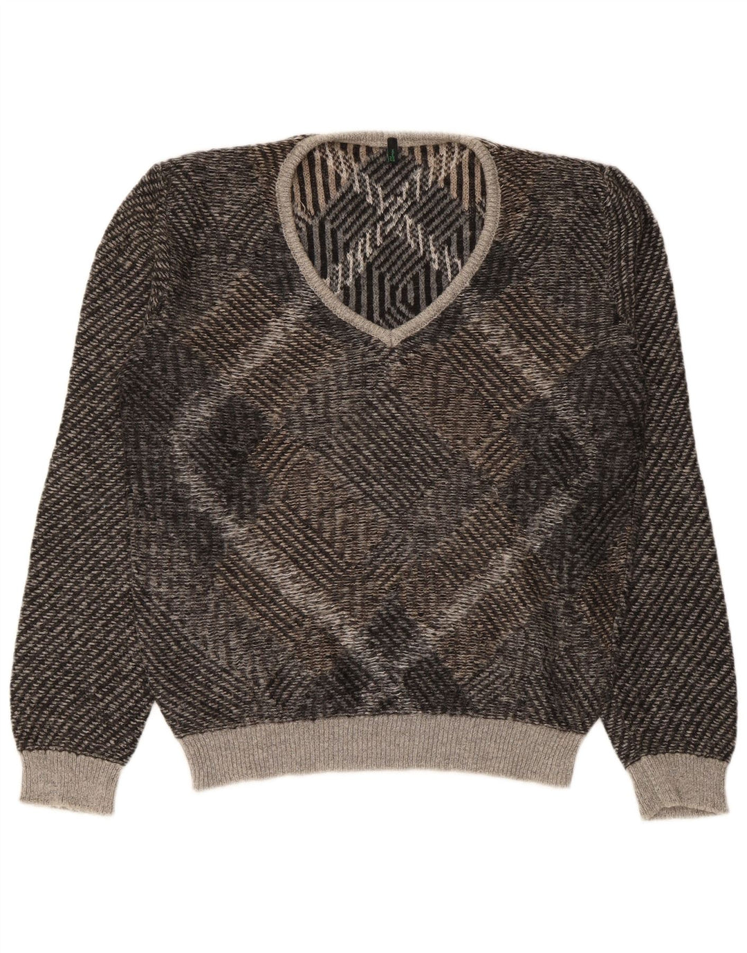 Benetton Mens V-Neck Jumper Sweater Large Brown Geometric Acrylic