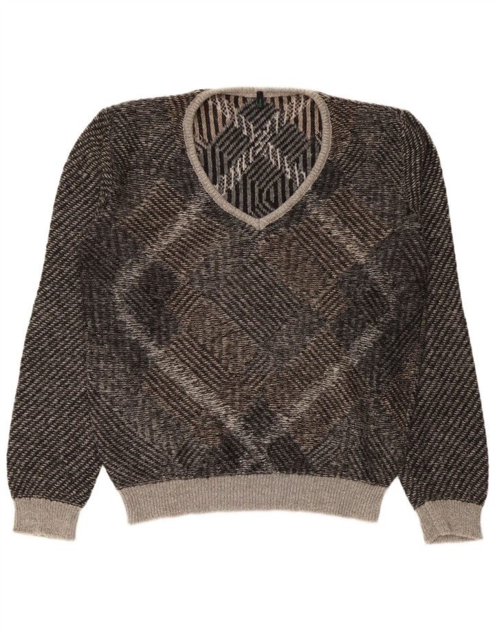 Benetton Mens V-Neck Jumper Sweater Large Brown Geometric Acrylic