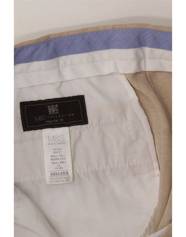 Marks & Spencer Mens Regular Fit Suit Trousers W34 L29 Beige Polyester