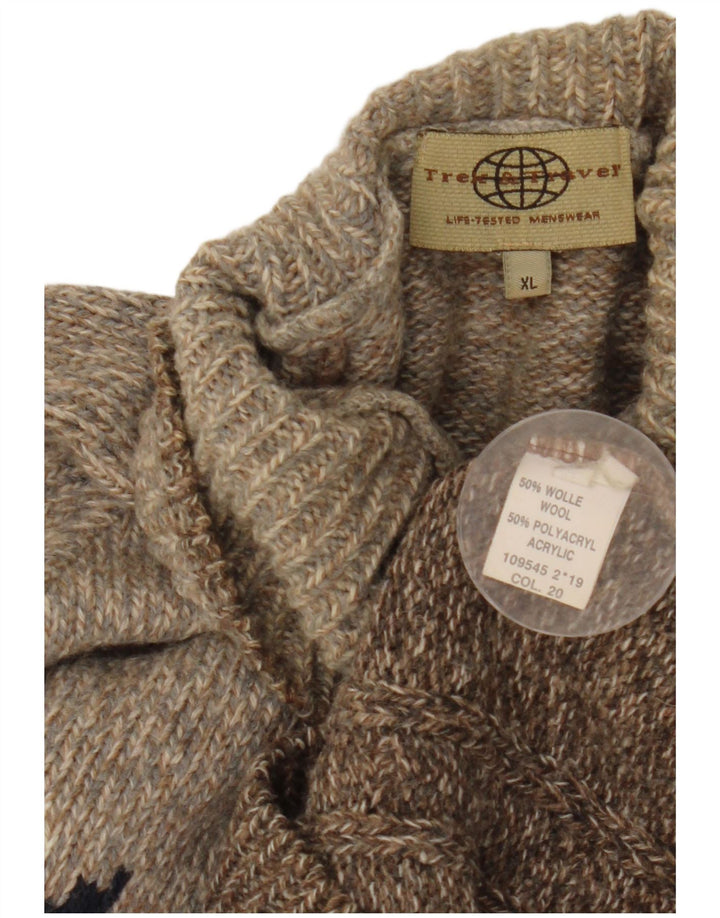 Vintage Mens Roll Neck Jumper Sweater XL Brown Fair Isle Wool