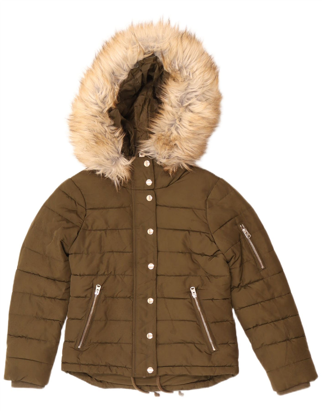 Topshop Womens Hooded Oversized Padded Jacket UK 4 XS Khaki Polyester