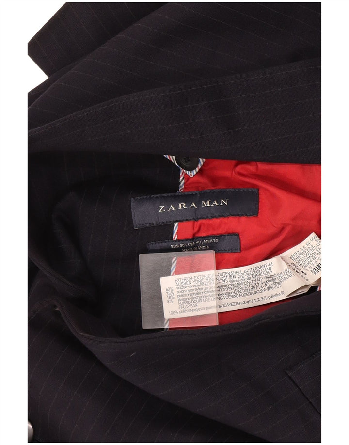 Zara Mens 2 Button Blazer Jacket EU 50 Medium Navy Blue Pinstripe Viscose