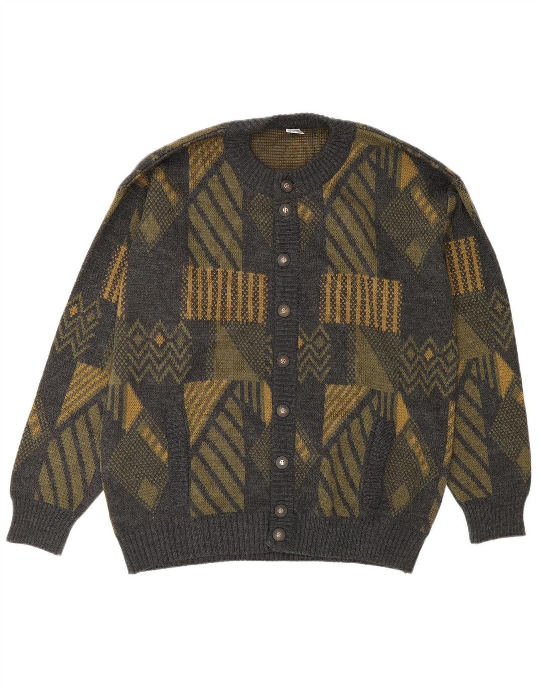 Vintage Mens Cardigan Sweater Large Grey Geometric Polyacrylic