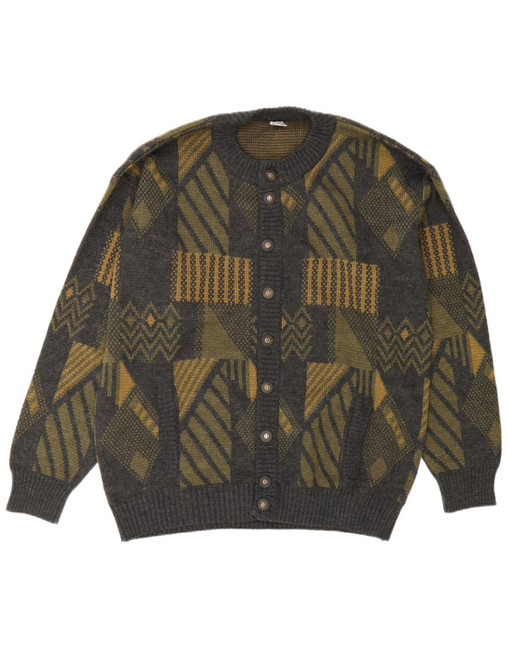 Vintage Mens Cardigan Sweater Large Grey Geometric Polyacrylic