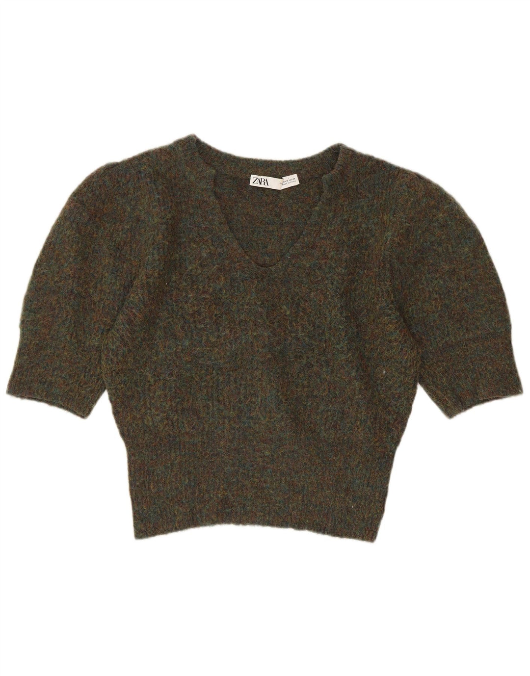 Zara Womens Crop V-Neck Jumper Sweater UK 14 Medium Khaki Flecked