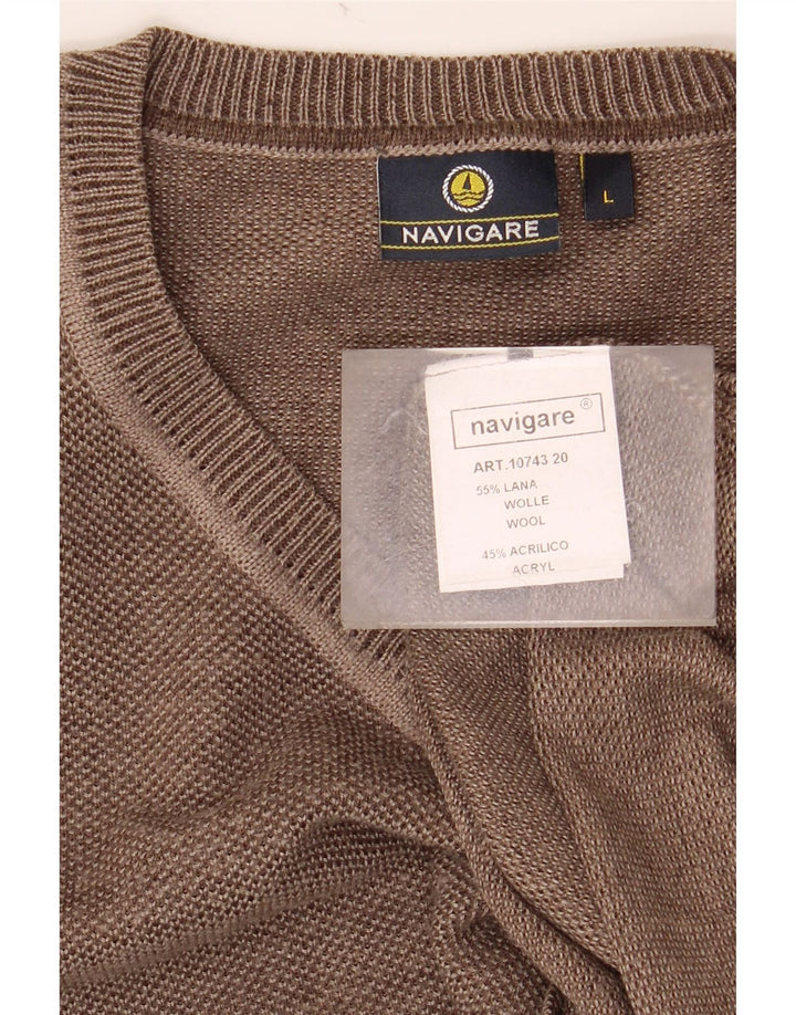NAVIGARE Womens V-Neck Jumper Sweater UK 16 Large Brown Wool