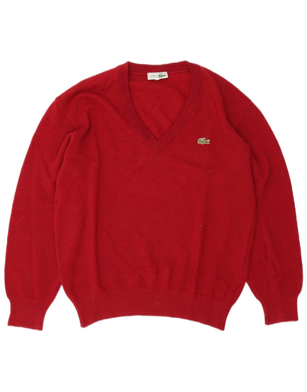 Lacoste Mens V-Neck Jumper Sweater Size 5 Large Red Wool