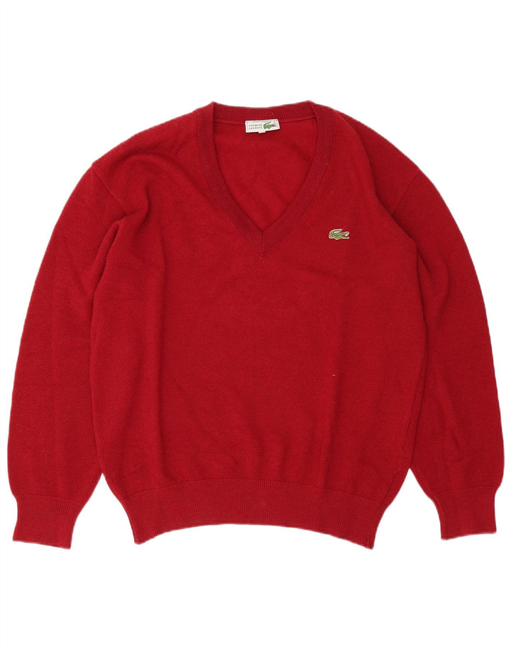 Lacoste Mens V-Neck Jumper Sweater Size 5 Large Red Wool